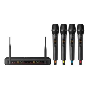 Sistema de 4 micrófonos inalámbricos UHF con selector automático de frecuencia y batería recargable